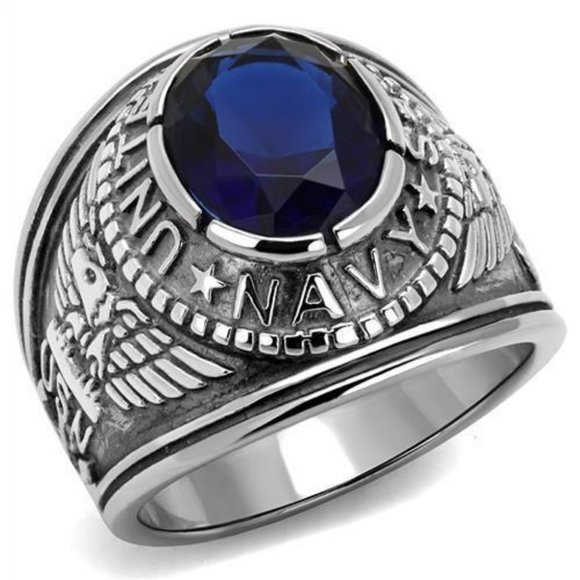 United States U.S. Navy / Seals Ring - USAF Military Rings Silver Blue Stone - Picture 1 of 8